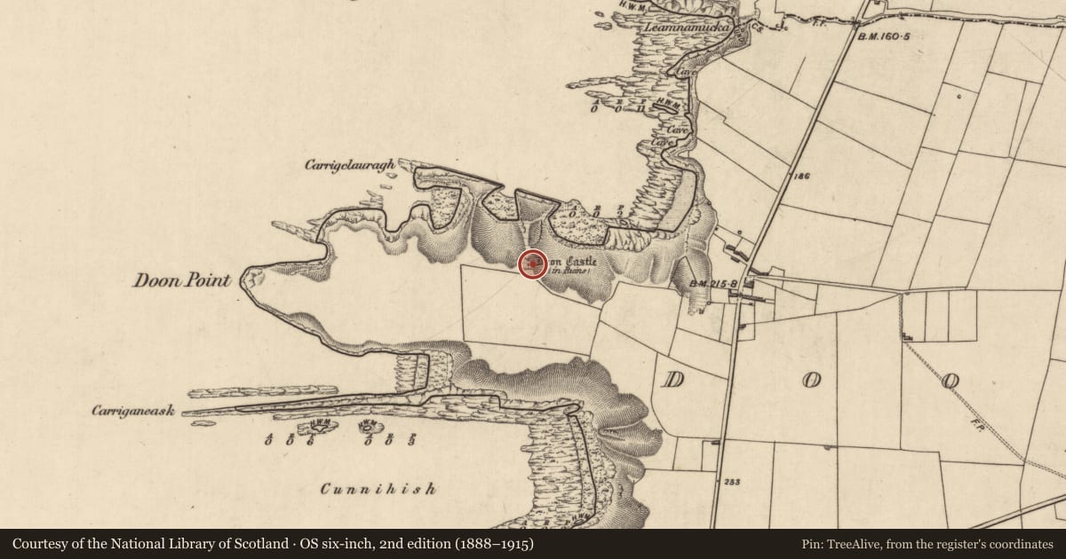 Ordnance Survey six-inch map, 2nd edition (1888–1915) covering the location of Castle - unclassified, Doon East, County Kerry, with a pin at the register's coordinates