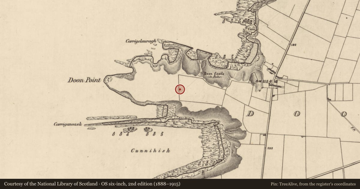 Ordnance Survey six-inch map, 2nd edition (1888–1915) covering the location of Promontory fort - coastal, Doon East, County Kerry, with a pin at the register's coordinates