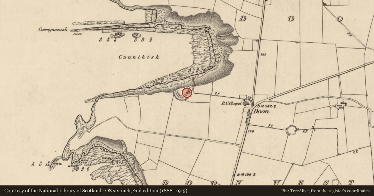 Ordnance Survey six-inch map, 2nd edition (1888–1915) covering the location of Cliff-edge fort, Doon West, County Kerry, with a pin at the register's coordinates