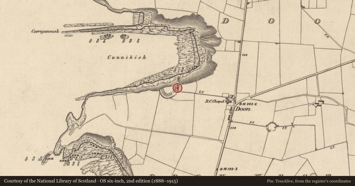 Ordnance Survey six-inch map, 2nd edition (1888–1915) covering the location of Souterrain, Doon West, County Kerry, with a pin at the register's coordinates