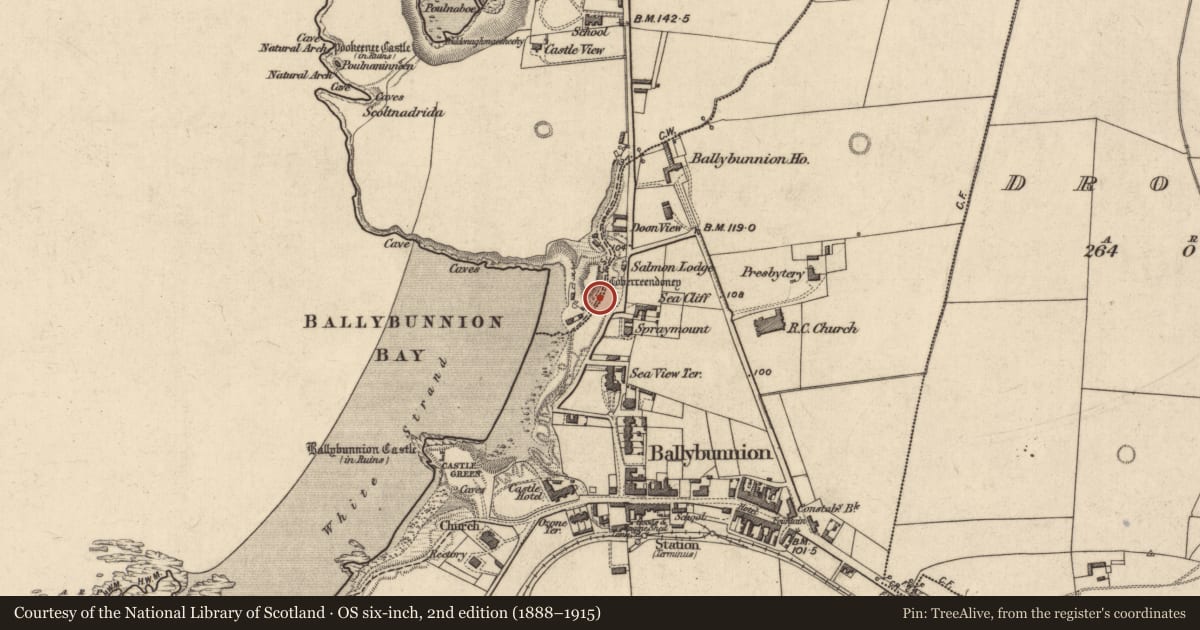 Ordnance Survey six-inch map, 2nd edition (1888–1915) covering the location of Ritual site - holy well, Doon West, County Kerry, with a pin at the register's coordinates