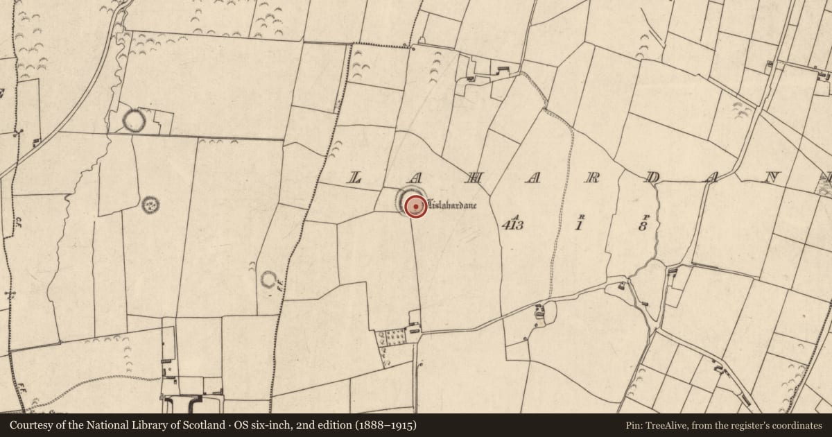 Ordnance Survey six-inch map, 2nd edition (1888–1915) covering the location of Ringfort - rath, Lahardane, County Kerry, with a pin at the register's coordinates