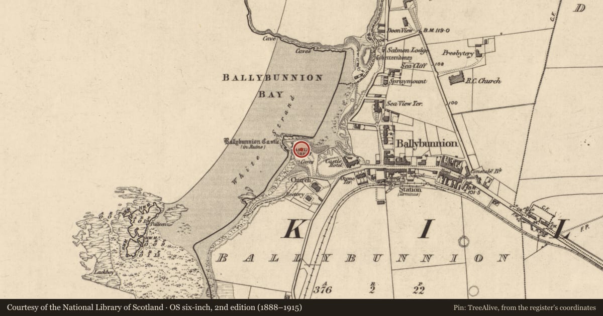 Ordnance Survey six-inch map, 2nd edition (1888–1915) covering the location of Souterrain, Ballybunnion, County Kerry, with a pin at the register's coordinates