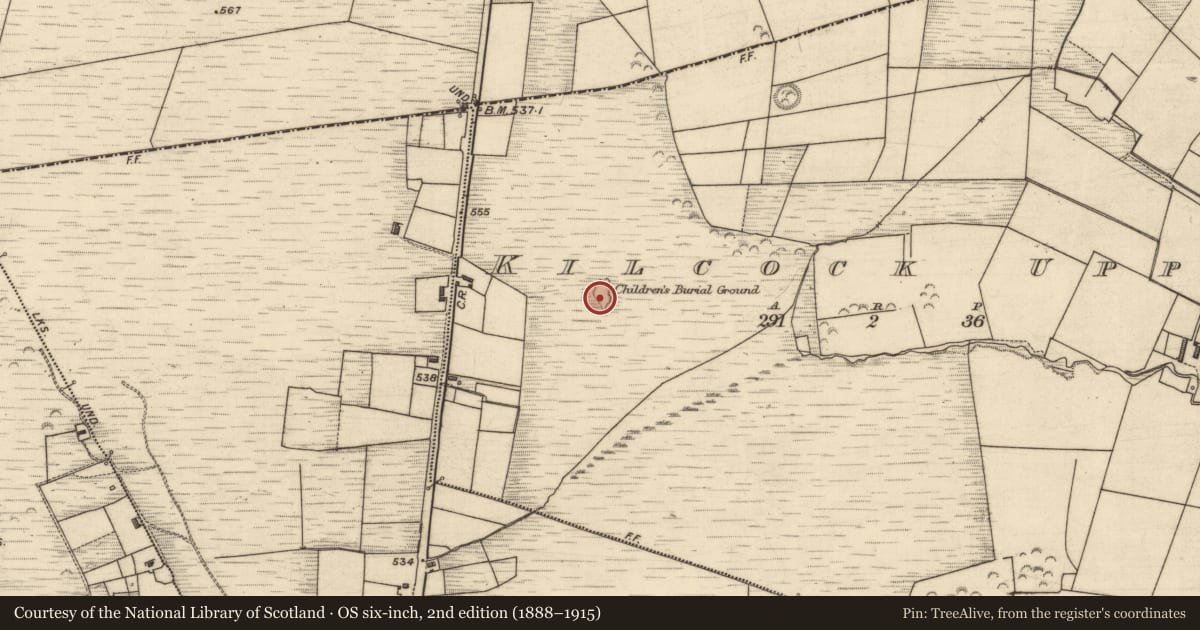 Ordnance Survey six-inch map, 2nd edition (1888–1915) covering the location of Enclosure, Kilcock Upper, County Kerry, with a pin at the register's coordinates
