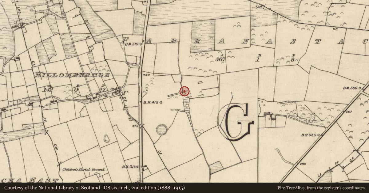 Ordnance Survey six-inch map, 2nd edition (1888–1915) covering the location of Fulacht fia, Farranastack, County Kerry, with a pin at the register's coordinates