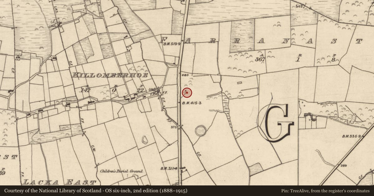 Ordnance Survey six-inch map, 2nd edition (1888–1915) covering the location of Fulacht fia, Farranastack, County Kerry, with a pin at the register's coordinates