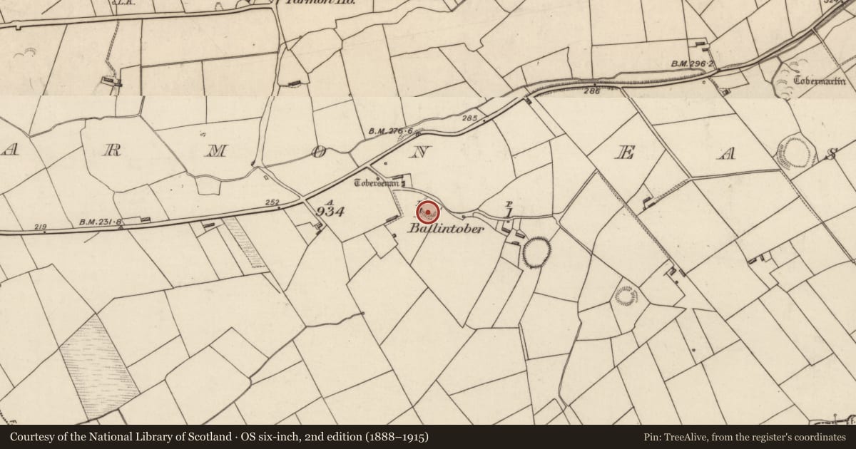Ordnance Survey six-inch map, 2nd edition (1888–1915) covering the location of Ringfort - rath, Tarmon East, County Kerry, with a pin at the register's coordinates