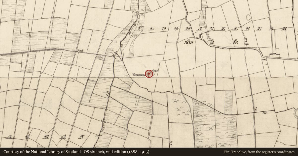 Ordnance Survey six-inch map, 2nd edition (1888–1915) covering the location of Souterrain, Cloghaneleesh, County Kerry, with a pin at the register's coordinates