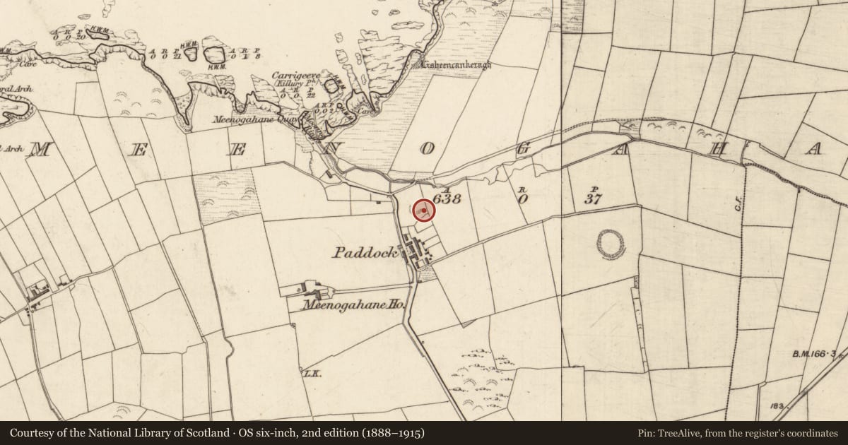 Ordnance Survey six-inch map, 2nd edition (1888–1915) covering the location of Enclosure, Meenogahane, County Kerry, with a pin at the register's coordinates