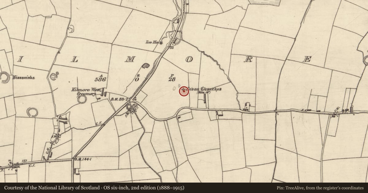 Ordnance Survey six-inch map, 2nd edition (1888–1915) covering the location of Church, Kilmore, County Kerry, with a pin at the register's coordinates
