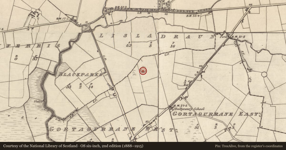 Ordnance Survey six-inch map, 2nd edition (1888–1915) covering the location of Enclosure, Gortagurrane West, County Kerry, with a pin at the register's coordinates