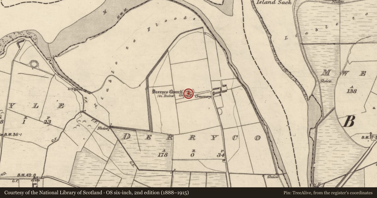 Ordnance Survey six-inch map, 2nd edition (1888–1915) covering the location of Ecclesiastical enclosure, Derryco, County Kerry, with a pin at the register's coordinates