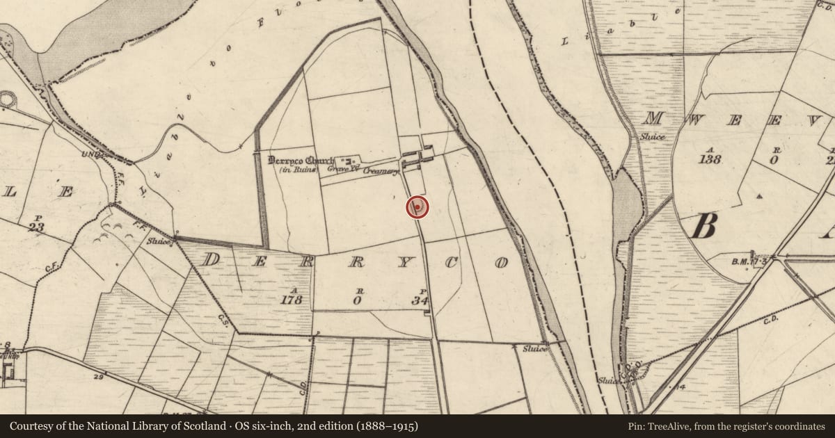 Ordnance Survey six-inch map, 2nd edition (1888–1915) covering the location of Enclosure, Derryco, County Kerry, with a pin at the register's coordinates