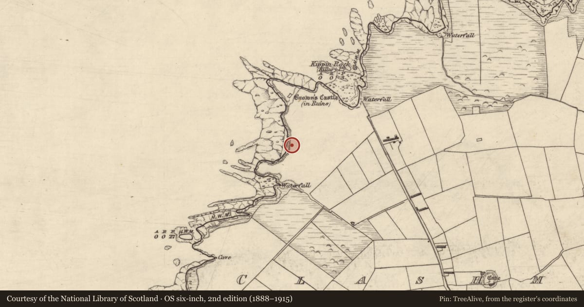 Ordnance Survey six-inch map, 2nd edition (1888–1915) covering the location of Enclosure, Clashmelcon, County Kerry, with a pin at the register's coordinates