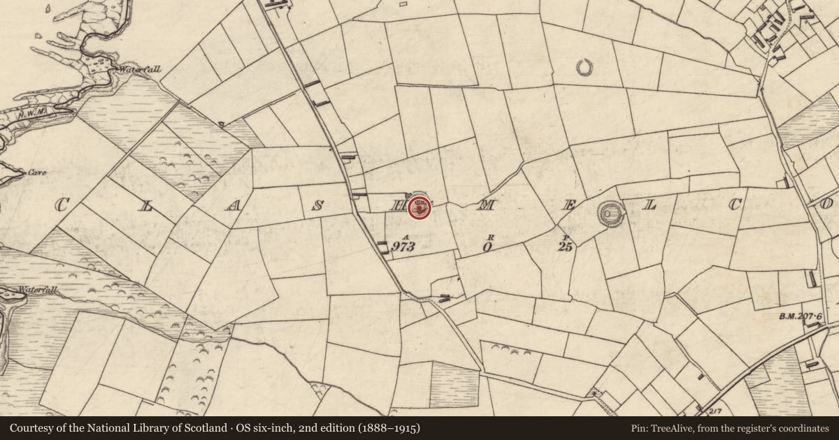 Ordnance Survey six-inch map, 2nd edition (1888–1915) covering the location of Ringfort - rath, Clashmelcon, County Kerry, with a pin at the register's coordinates