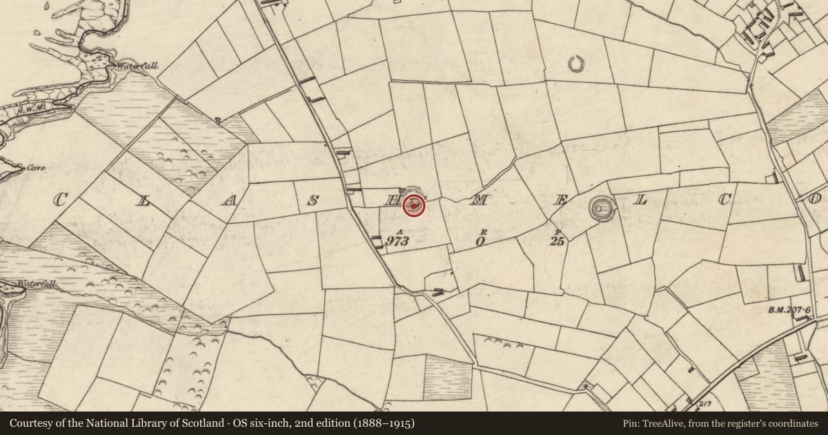 Ordnance Survey six-inch map, 2nd edition (1888–1915) covering the location of Souterrain, Clashmelcon, County Kerry, with a pin at the register's coordinates