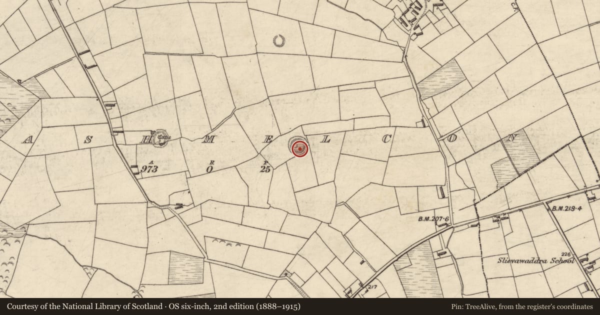 Ordnance Survey six-inch map, 2nd edition (1888–1915) covering the location of Souterrain, Clashmelcon, County Kerry, with a pin at the register's coordinates