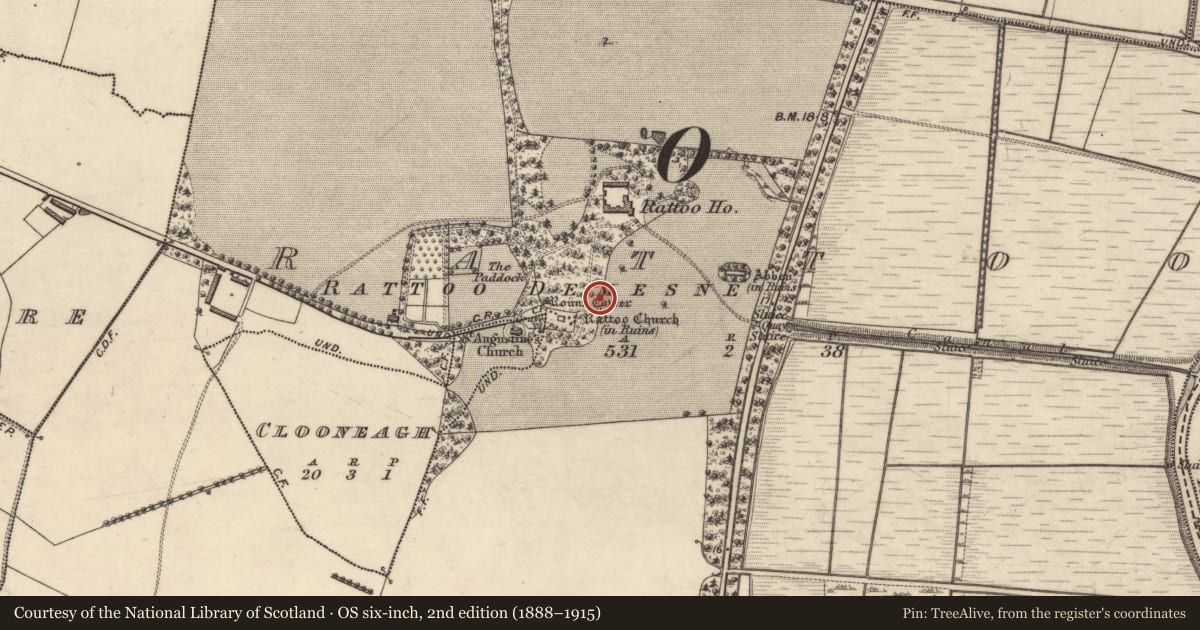 Ordnance Survey six-inch map, 2nd edition (1888–1915) covering the location of Settlement deserted - medieval, Rattoo, County Kerry, with a pin at the register's coordinates