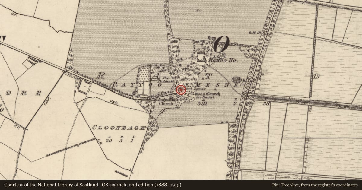 Ordnance Survey six-inch map, 2nd edition (1888–1915) covering the location of Round tower, Rattoo, County Kerry, with a pin at the register's coordinates