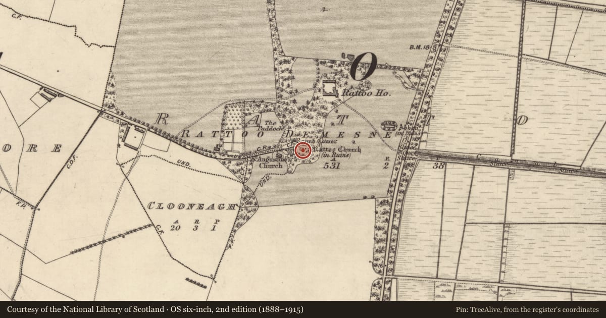 Ordnance Survey six-inch map, 2nd edition (1888–1915) covering the location of Church, Rattoo, County Kerry, with a pin at the register's coordinates