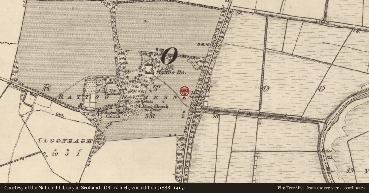 Ordnance Survey six-inch map, 2nd edition (1888–1915) covering the location of Religious house - Augustinian canons, Rattoo, County Kerry, with a pin at the register's coordinates