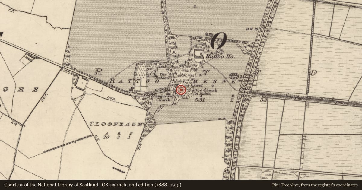 Ordnance Survey six-inch map, 2nd edition (1888–1915) covering the location of Graveyard, Rattoo, County Kerry, with a pin at the register's coordinates