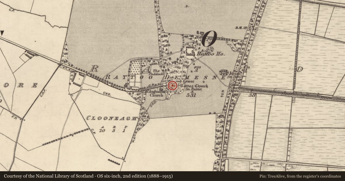 Ordnance Survey six-inch map, 2nd edition (1888–1915) covering the location of Memorial stone, Rattoo, County Kerry, with a pin at the register's coordinates