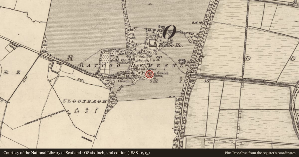 Ordnance Survey six-inch map, 2nd edition (1888–1915) covering the location of Font, Rattoo, County Kerry, with a pin at the register's coordinates