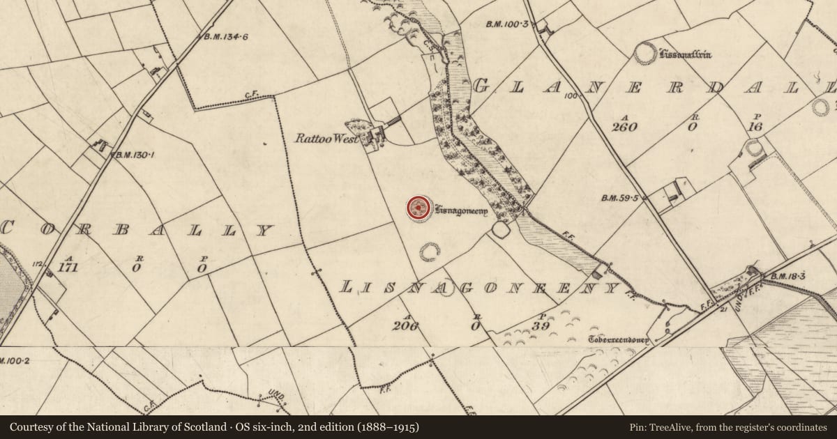 Ordnance Survey six-inch map, 2nd edition (1888–1915) covering the location of Souterrain, Lisnagoneeny, County Kerry, with a pin at the register's coordinates