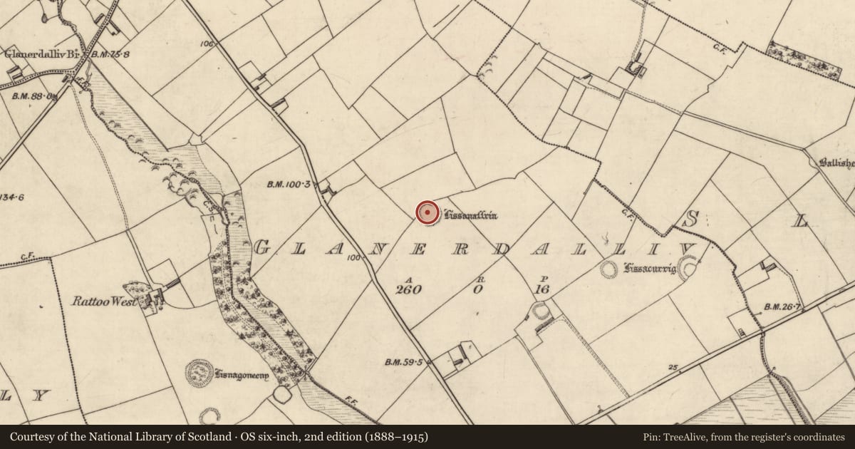 Ordnance Survey six-inch map, 2nd edition (1888–1915) covering the location of Ringfort - rath, Glanerdalliv, County Kerry, with a pin at the register's coordinates