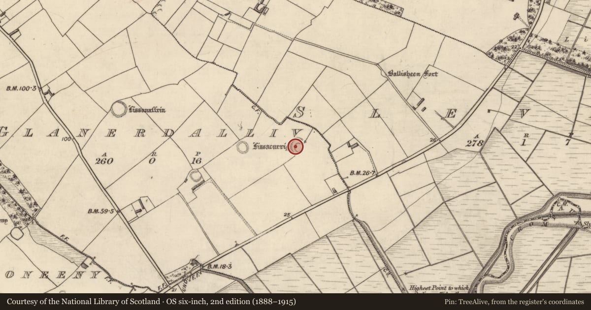 Ordnance Survey six-inch map, 2nd edition (1888–1915) covering the location of Ringfort - rath, Glanerdalliv, County Kerry, with a pin at the register's coordinates