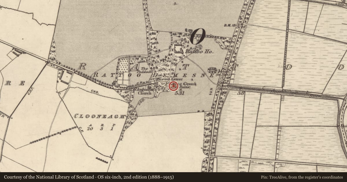 Ordnance Survey six-inch map, 2nd edition (1888–1915) covering the location of Ecclesiastical enclosure, Rattoo, County Kerry, with a pin at the register's coordinates