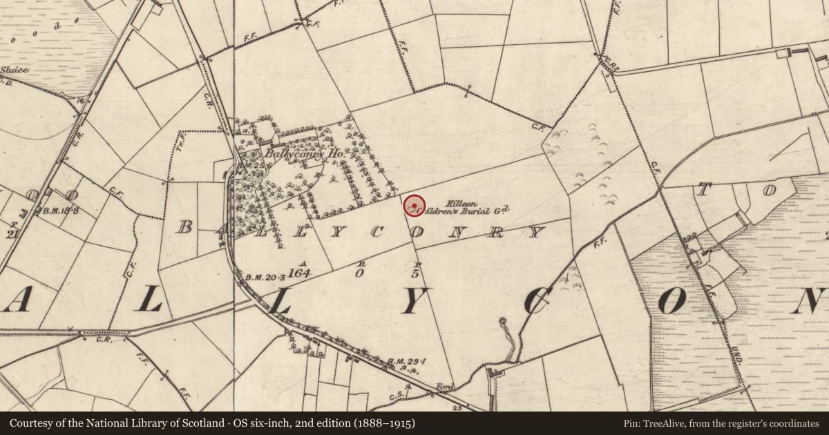 Ordnance Survey six-inch map, 2nd edition (1888–1915) covering the location of Children's burial ground, Ballyconry, County Kerry, with a pin at the register's coordinates