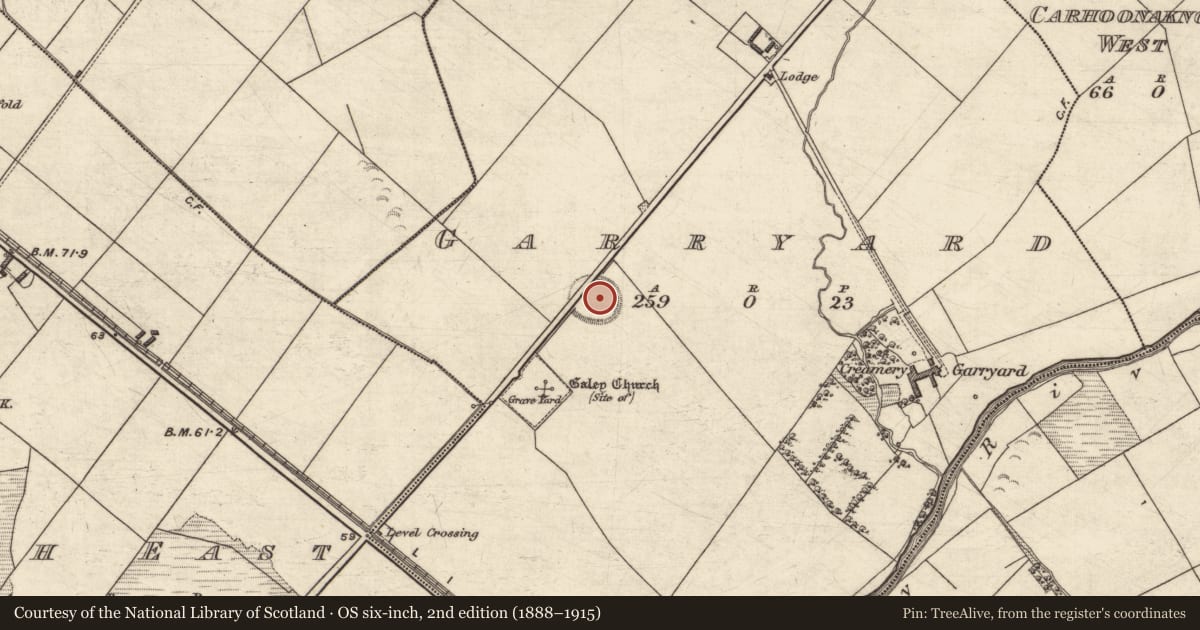 Ordnance Survey six-inch map, 2nd edition (1888–1915) covering the location of Henge, Garryard, County Kerry, with a pin at the register's coordinates