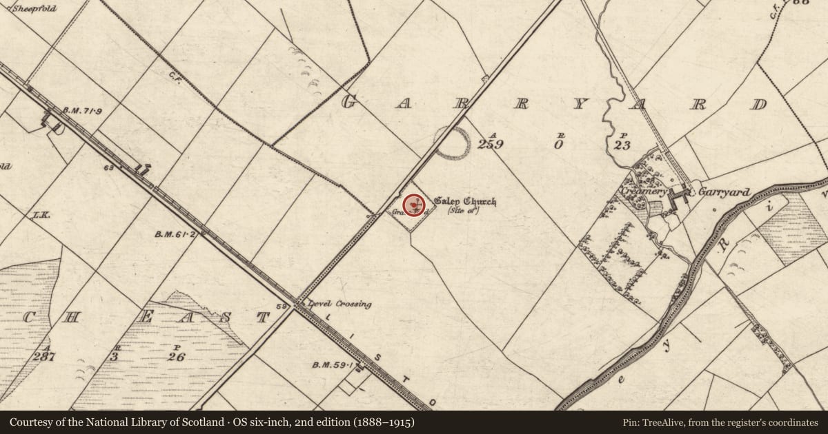 Ordnance Survey six-inch map, 2nd edition (1888–1915) covering the location of Graveyard, Garryard, County Kerry, with a pin at the register's coordinates