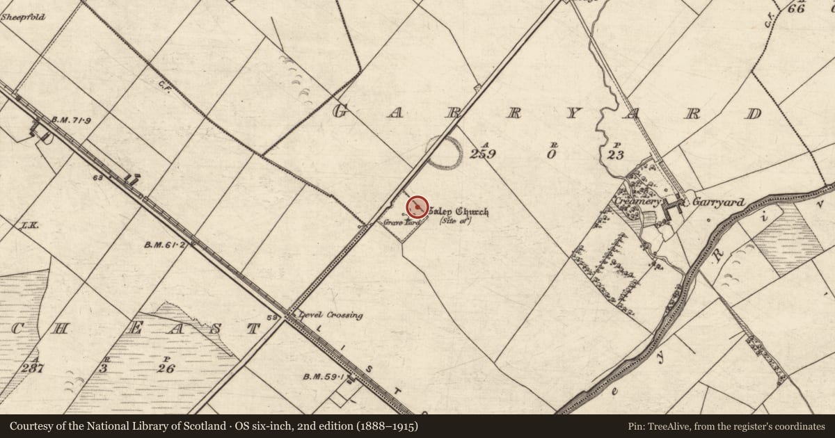 Ordnance Survey six-inch map, 2nd edition (1888–1915) covering the location of Bullaun stone, Garryard, County Kerry, with a pin at the register's coordinates