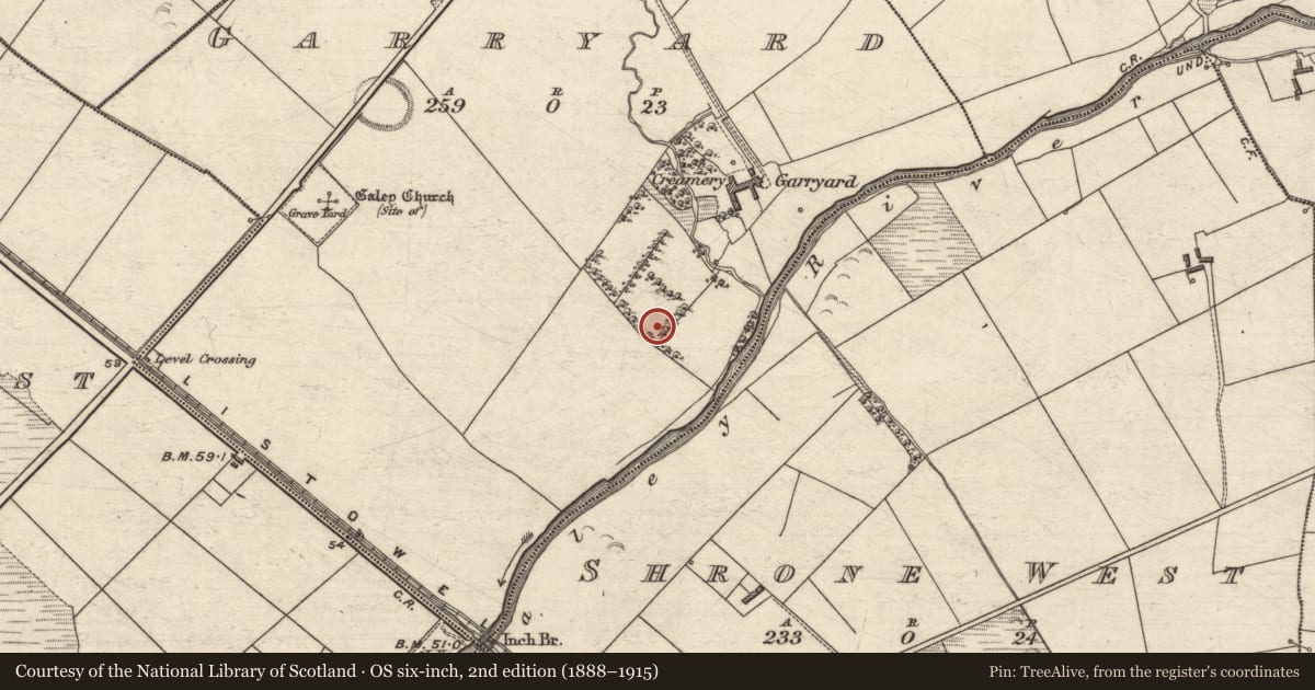 Ordnance Survey six-inch map, 2nd edition (1888–1915) covering the location of Enclosure, Garryard, County Kerry, with a pin at the register's coordinates