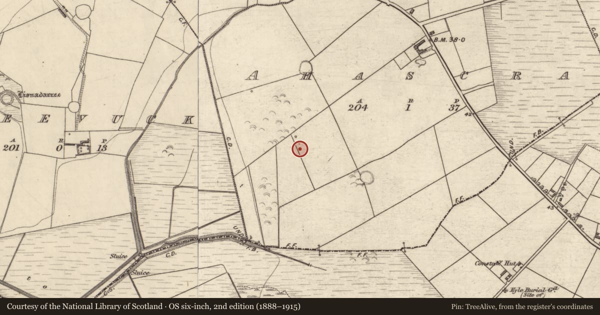 Ordnance Survey six-inch map, 2nd edition (1888–1915) covering the location of Ringfort - rath, Ahascra, County Kerry, with a pin at the register's coordinates