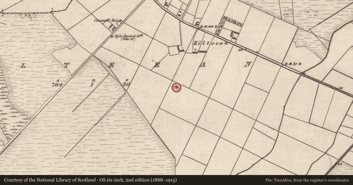 Ordnance Survey six-inch map, 2nd edition (1888–1915) covering the location of Enclosure, Kilteean, County Kerry, with a pin at the register's coordinates