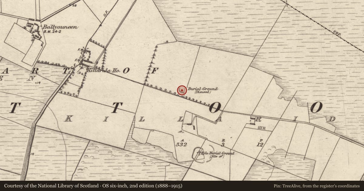 Ordnance Survey six-inch map, 2nd edition (1888–1915) covering the location of Burial ground, Killarida, County Kerry, with a pin at the register's coordinates