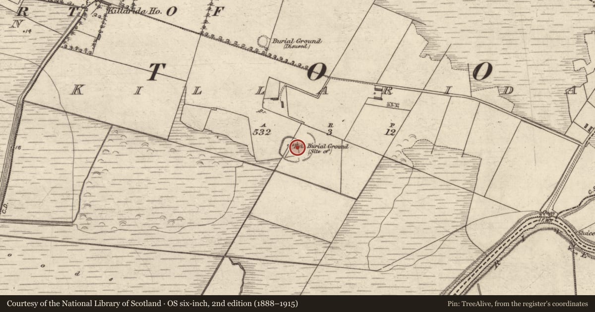 Ordnance Survey six-inch map, 2nd edition (1888–1915) covering the location of Ecclesiastical enclosure, Killarida, County Kerry, with a pin at the register's coordinates