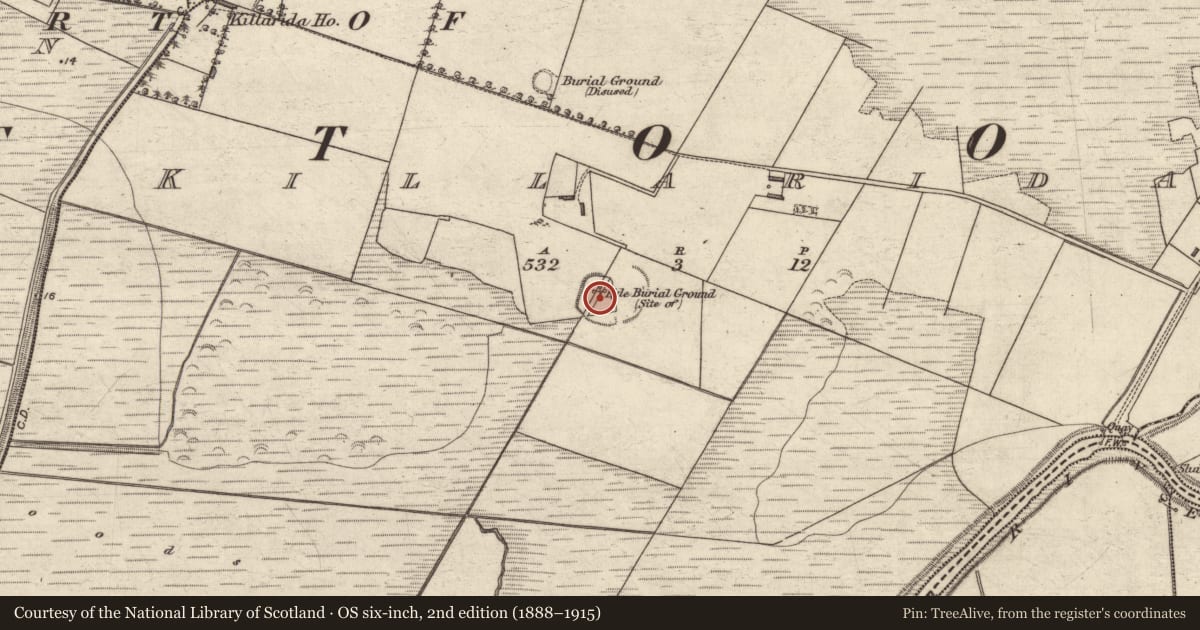 Ordnance Survey six-inch map, 2nd edition (1888–1915) covering the location of Burial ground, Killarida, County Kerry, with a pin at the register's coordinates