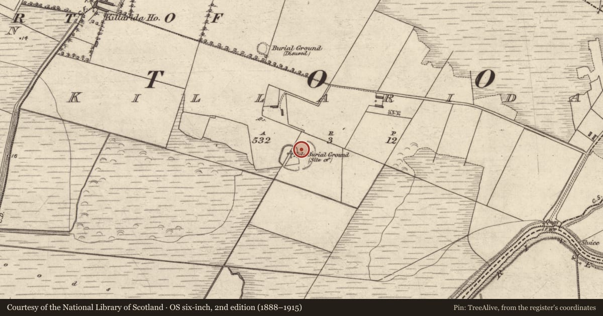 Ordnance Survey six-inch map, 2nd edition (1888–1915) covering the location of Church, Killarida, County Kerry, with a pin at the register's coordinates