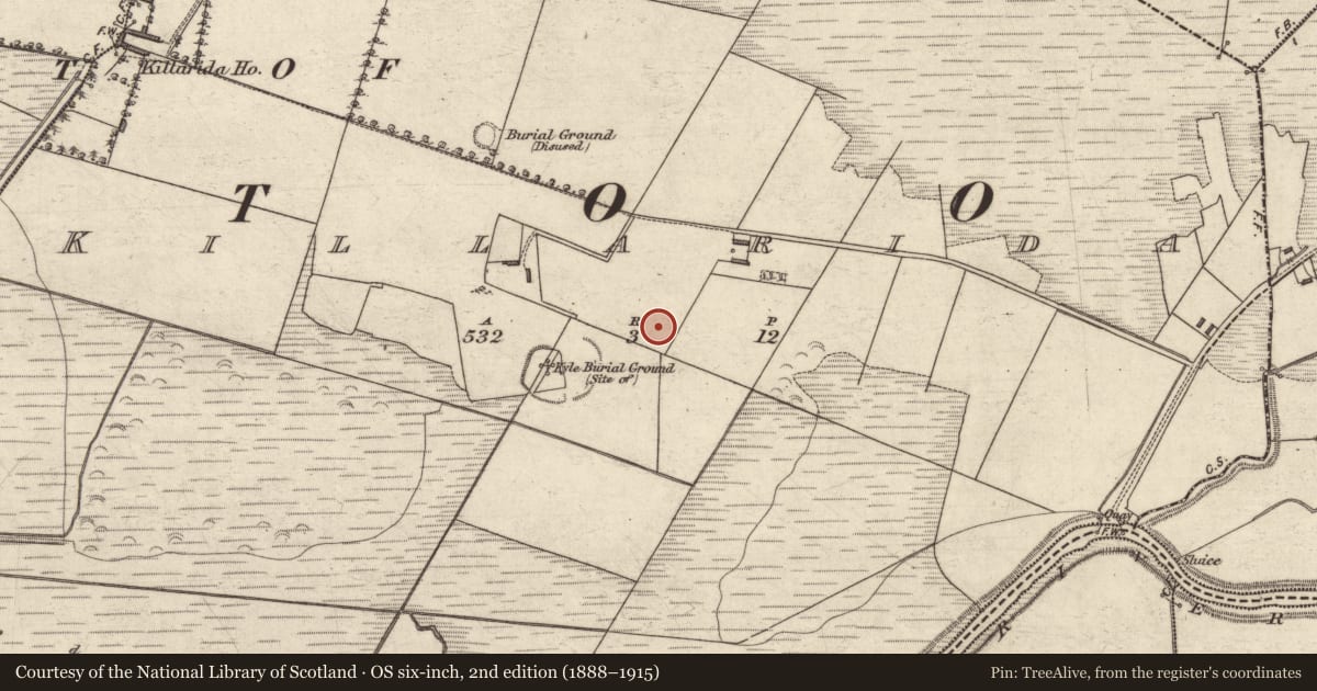 Ordnance Survey six-inch map, 2nd edition (1888–1915) covering the location of Children's burial ground, Killarida, County Kerry, with a pin at the register's coordinates