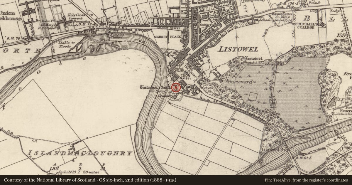 Ordnance Survey six-inch map, 2nd edition (1888–1915) covering the location of Castle - tower house, Listowel, County Kerry, with a pin at the register's coordinates