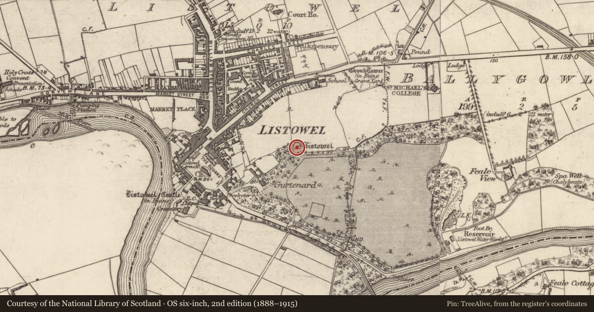 Ordnance Survey six-inch map, 2nd edition (1888–1915) covering the location of Ringfort - rath, Listowel, County Kerry, with a pin at the register's coordinates