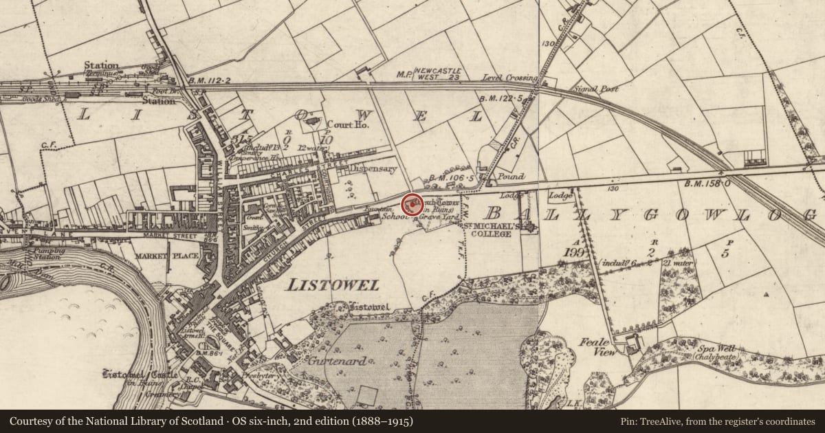 Ordnance Survey six-inch map, 2nd edition (1888–1915) covering the location of Church, Listowel, County Kerry, with a pin at the register's coordinates