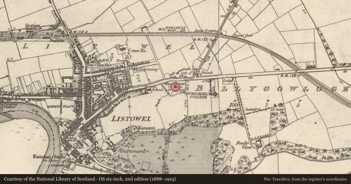 Ordnance Survey six-inch map, 2nd edition (1888–1915) covering the location of Graveyard, Listowel, County Kerry, with a pin at the register's coordinates
