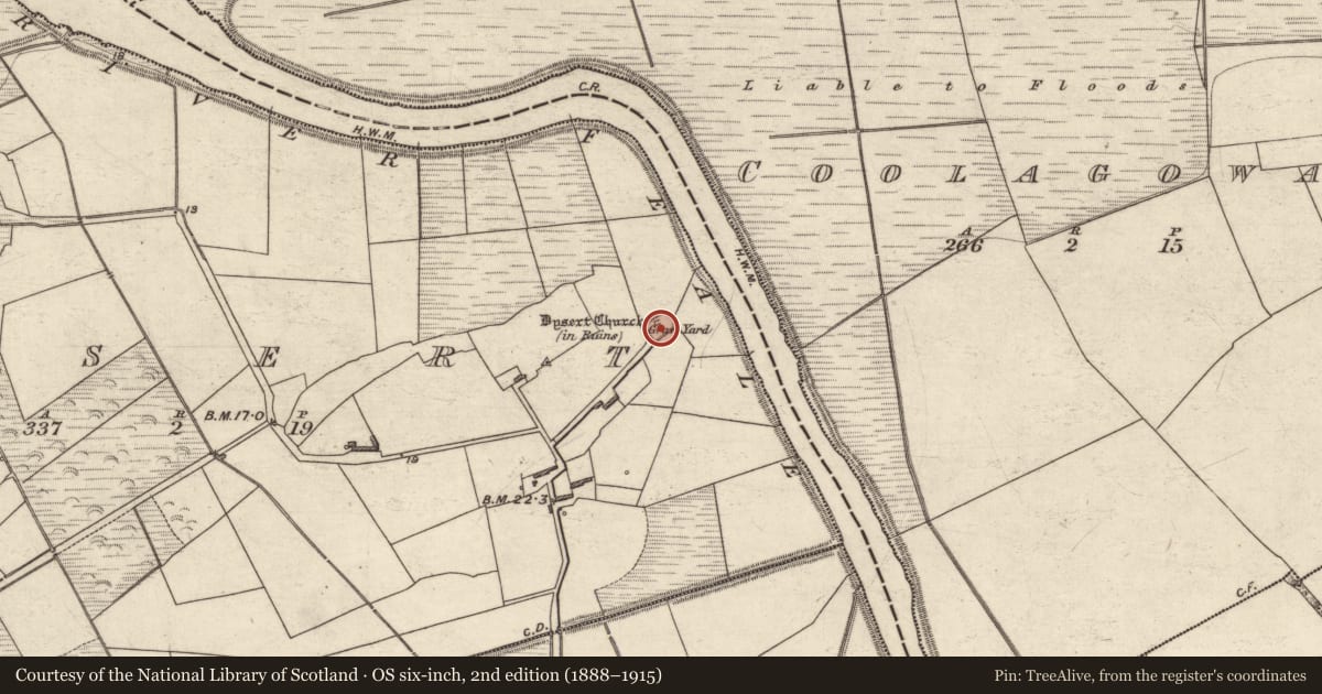 Ordnance Survey six-inch map, 2nd edition (1888–1915) covering the location of Church, Dysert, County Kerry, with a pin at the register's coordinates