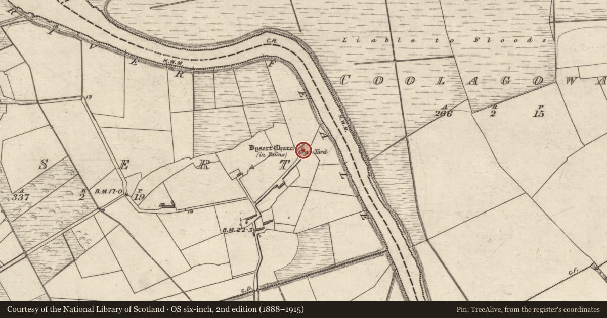 Ordnance Survey six-inch map, 2nd edition (1888–1915) covering the location of Ecclesiastical enclosure, Dysert, County Kerry, with a pin at the register's coordinates
